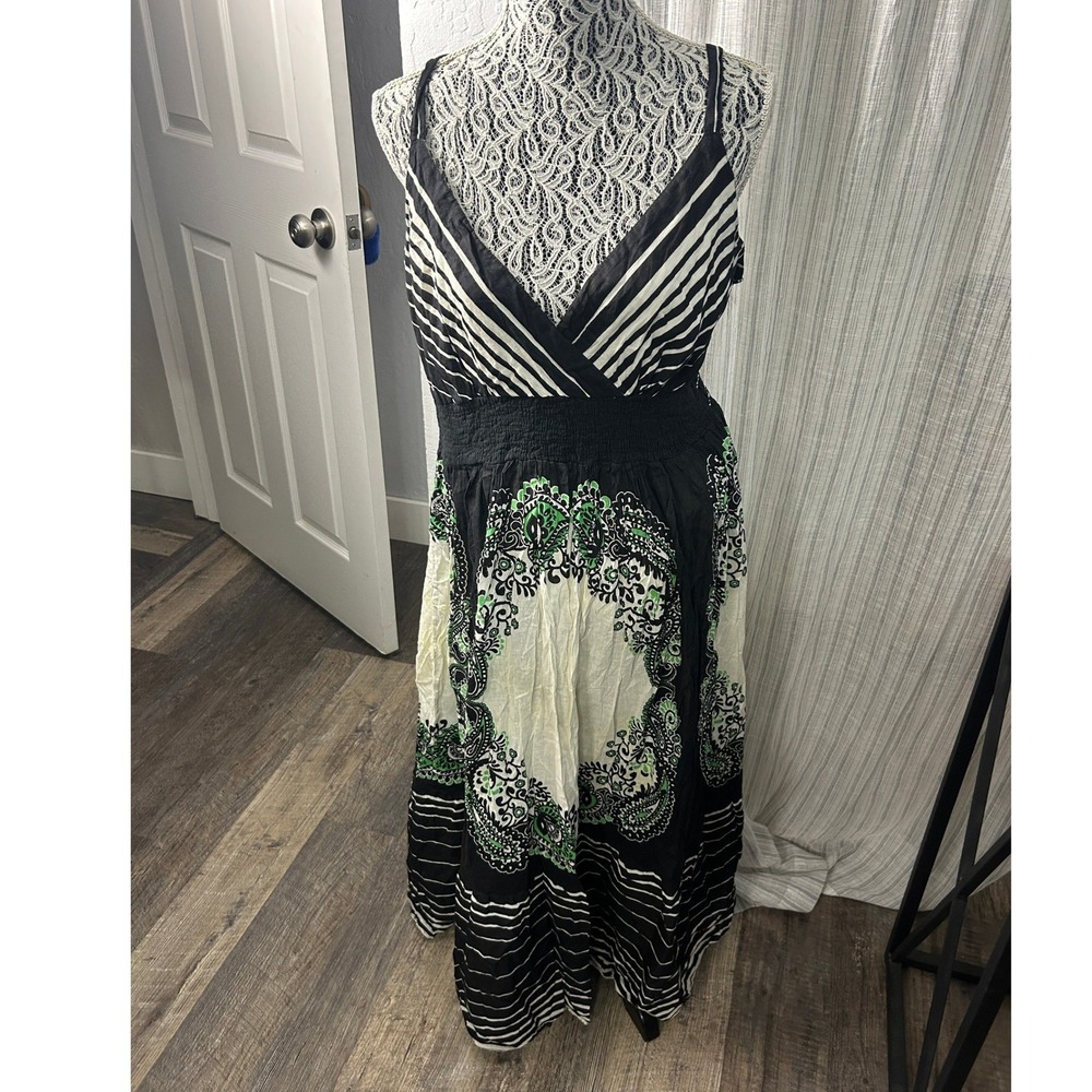 Metro 22 Maxi Dress Womens 1X Black Green Cotton Boho Striped Medallion Surplice